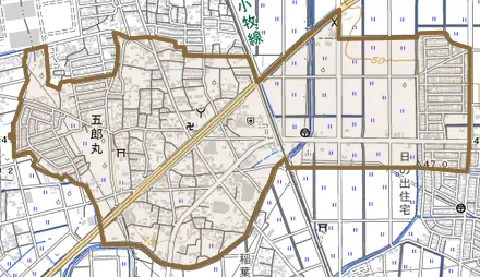 五郎丸東とその周辺の地図。町の範囲を重ねている