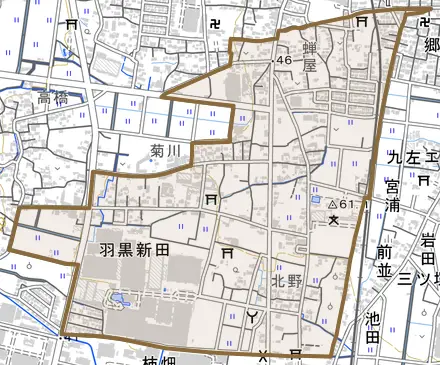 大字羽黒新田とその周辺の地図。町の範囲を重ねている