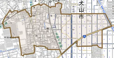 大字橋爪とその周辺の地図。町の範囲を重ねている