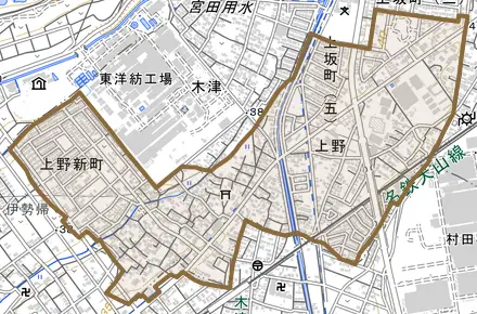 大字上野とその周辺の地図。町の範囲を重ねている