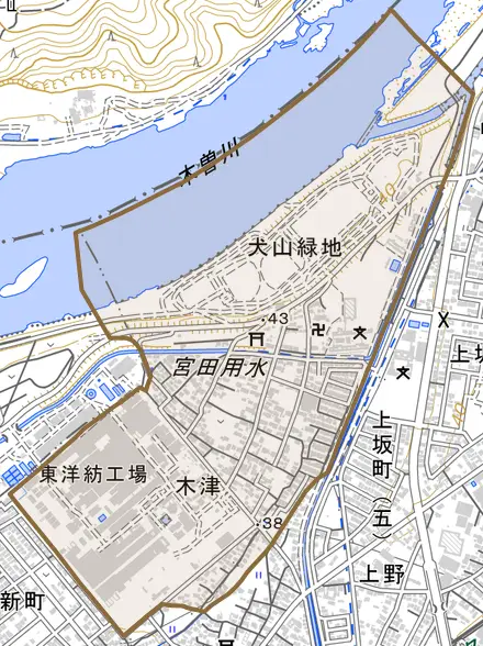 大字木津とその周辺の地図。町の範囲を重ねている