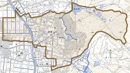 前原西とその周辺の地図。町の範囲を重ねている