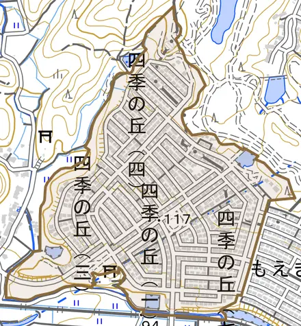 四季の丘とその周辺の地図。町の範囲を重ねている