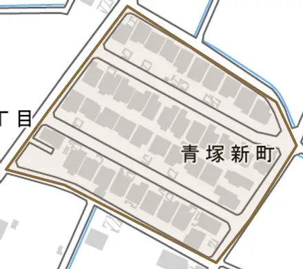 青塚新町とその周辺の地図。町の範囲を重ねている