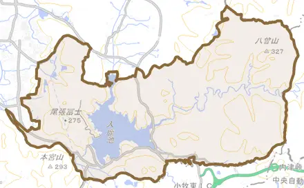 字池底とその周辺の地図。町の範囲を重ねている