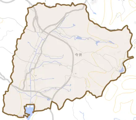 大字今井とその周辺の地図。町の範囲を重ねている