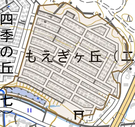もえぎヶ丘とその周辺の地図。町の範囲を重ねている