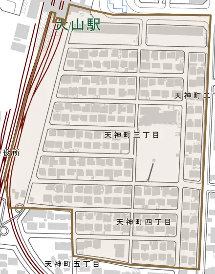 天神町とその周辺の地図。町の範囲を重ねている