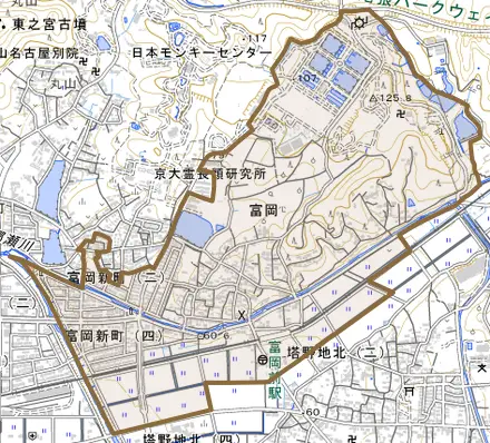 富岡新町とその周辺の地図。町の範囲を重ねている