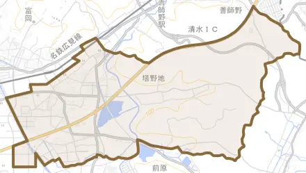 塔野地北とその周辺の地図。町の範囲を重ねている