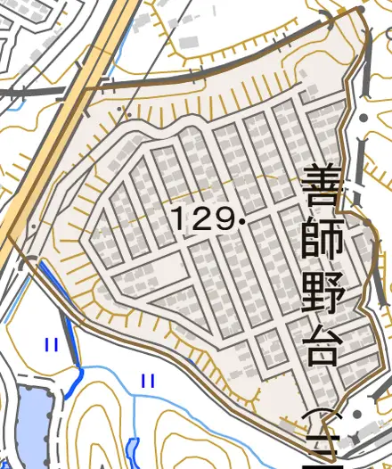 善師野台とその周辺の地図。町の範囲を重ねている