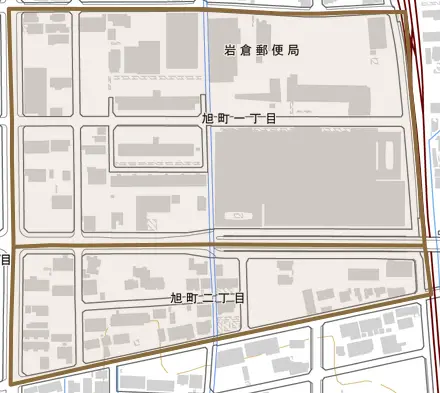 旭町とその周辺の地図。町の範囲を重ねている