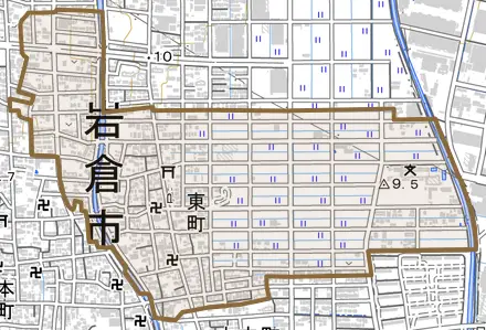 東町とその周辺の地図。町の範囲を重ねている