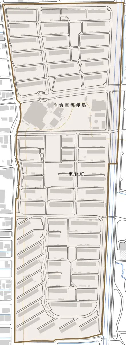 東新町とその周辺の地図。町の範囲を重ねている
