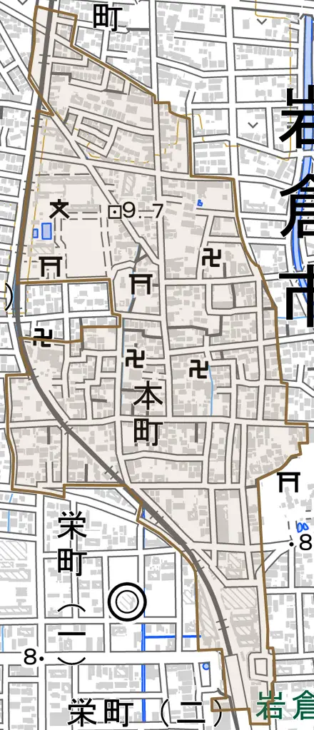 本町とその周辺の地図。町の範囲を重ねている