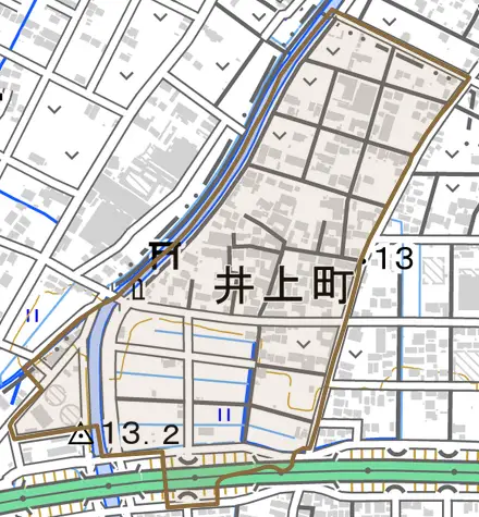井上町とその周辺の地図。町の範囲を重ねている