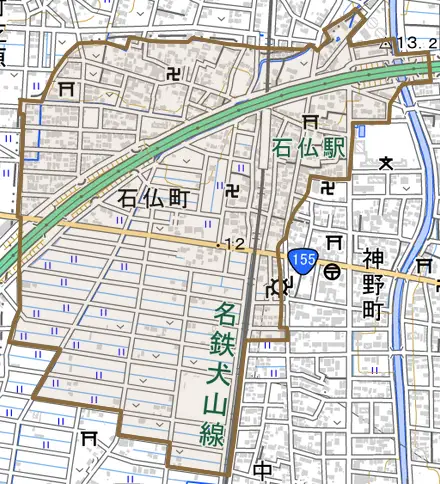 石仏町とその周辺の地図。町の範囲を重ねている