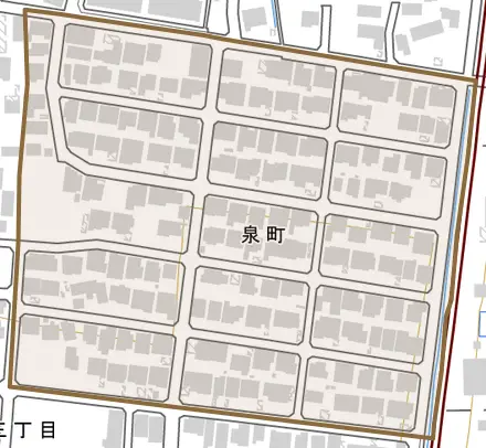 泉町とその周辺の地図。町の範囲を重ねている