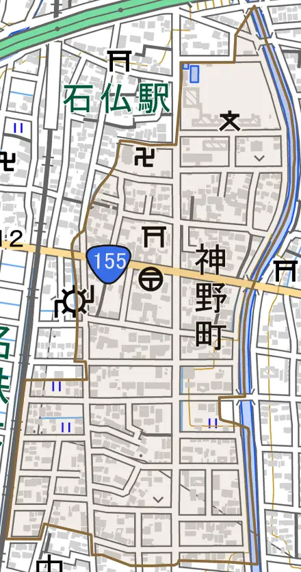 神野町とその周辺の地図。町の範囲を重ねている