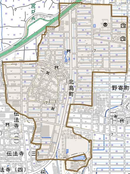 北島町とその周辺の地図。町の範囲を重ねている