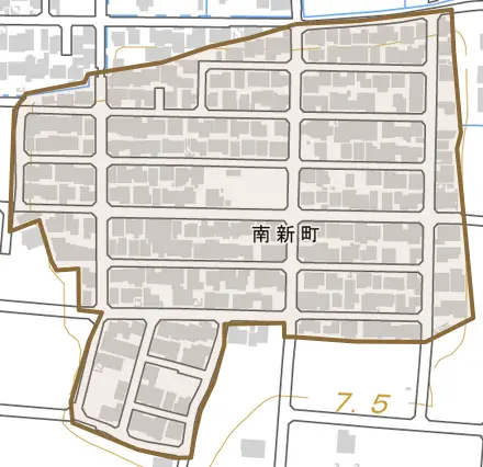 南新町とその周辺の地図。町の範囲を重ねている