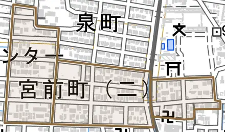 宮前町とその周辺の地図。町の範囲を重ねている