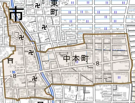 中本町とその周辺の地図。町の範囲を重ねている