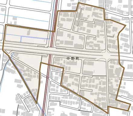 中野町とその周辺の地図。町の範囲を重ねている