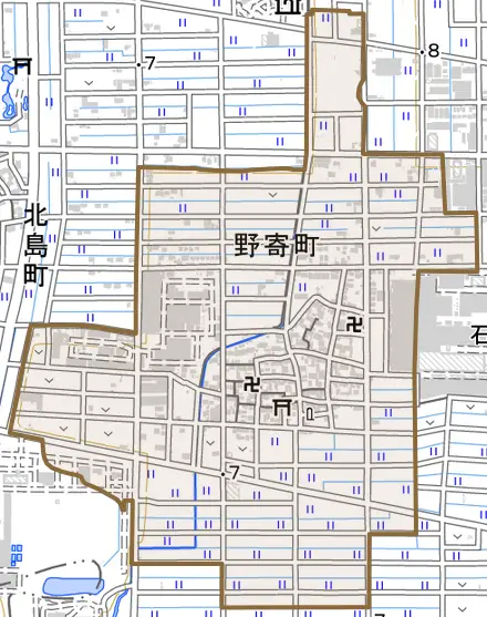 野寄町とその周辺の地図。町の範囲を重ねている