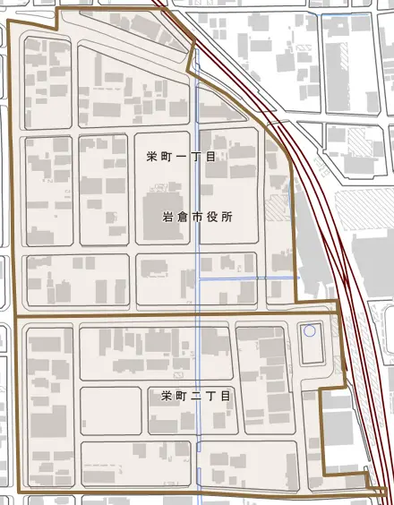 栄町とその周辺の地図。町の範囲を重ねている