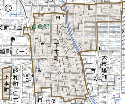 下本町とその周辺の地図。町の範囲を重ねている