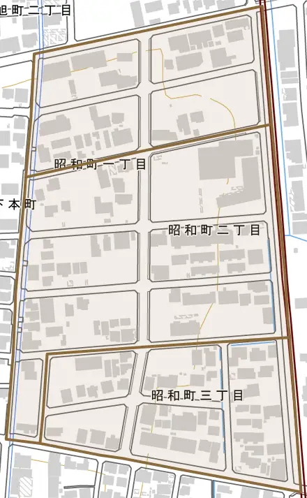 昭和町とその周辺の地図。町の範囲を重ねている