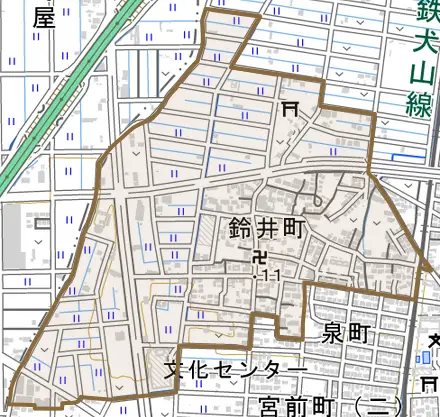 鈴井町とその周辺の地図。町の範囲を重ねている