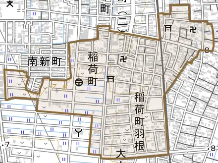 稲荷町とその周辺の地図。町の範囲を重ねている