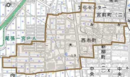 西市町とその周辺の地図。町の範囲を重ねている