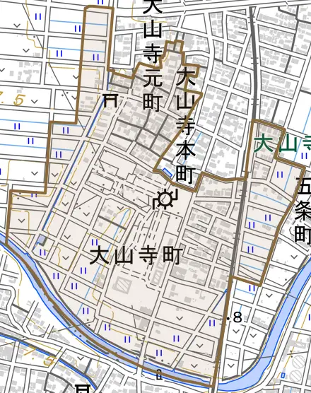 大山寺町とその周辺の地図。町の範囲を重ねている