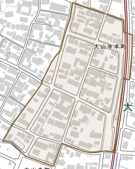 大山寺本町とその周辺の地図。町の範囲を重ねている