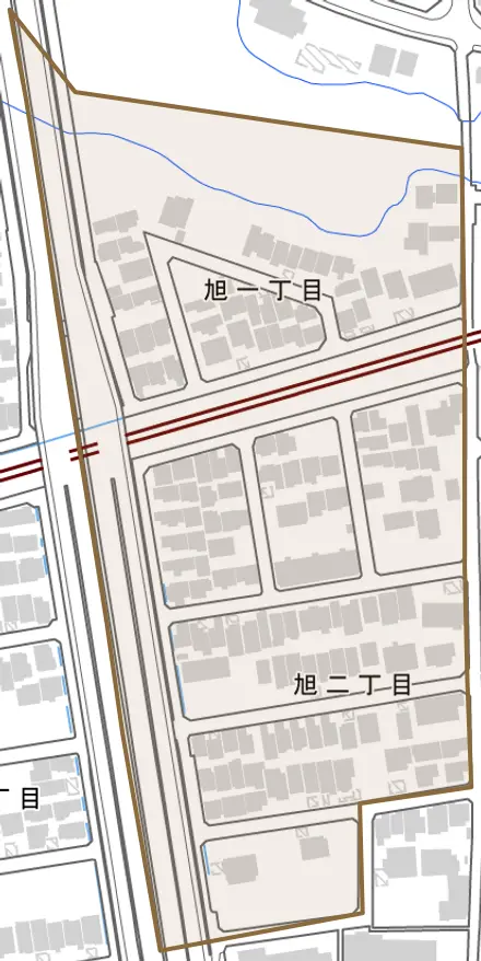 旭とその周辺の地図。町の範囲を重ねている