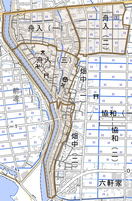 舟入とその周辺の地図。町の範囲を重ねている