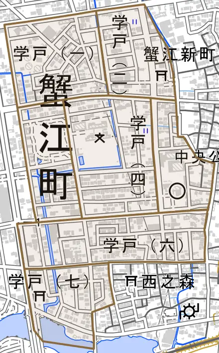 学戸とその周辺の地図。町の範囲を重ねている