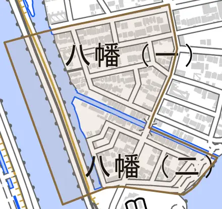 八幡とその周辺の地図。町の範囲を重ねている