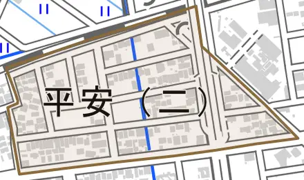 平安とその周辺の地図。町の範囲を重ねている
