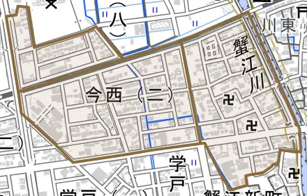 今西とその周辺の地図。町の範囲を重ねている