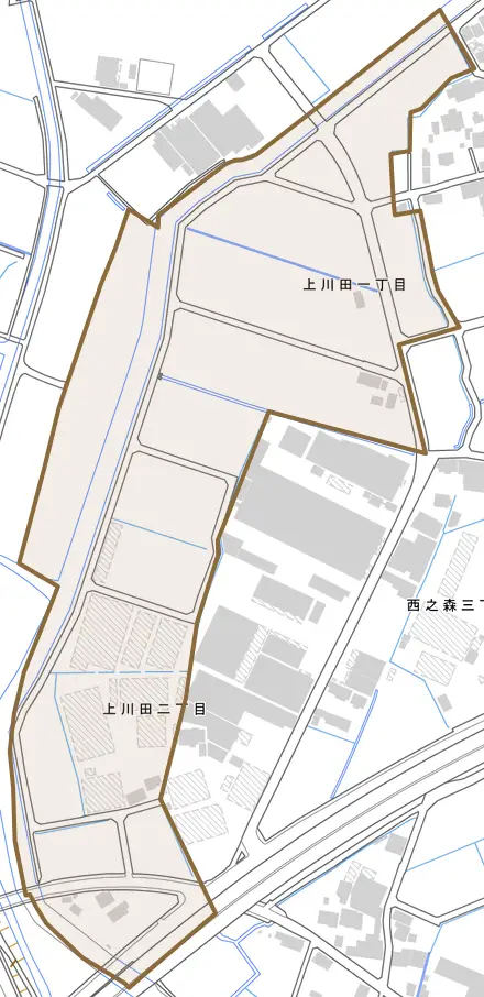 上川田とその周辺の地図。町の範囲を重ねている