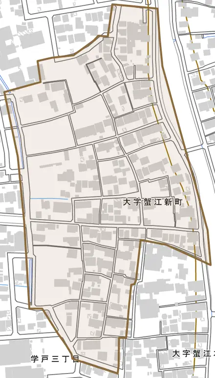 大字蟹江新町とその周辺の地図。町の範囲を重ねている