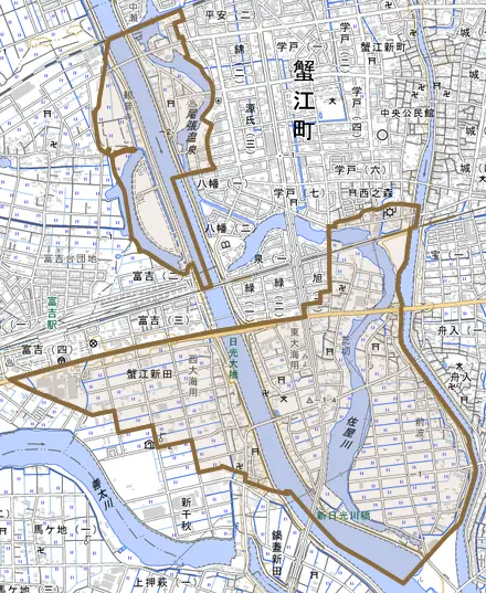 大字蟹江新田とその周辺の地図。町の範囲を重ねている