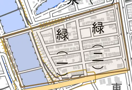 緑とその周辺の地図。町の範囲を重ねている