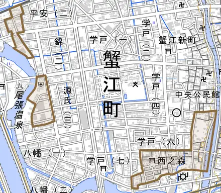 大字西之森とその周辺の地図。町の範囲を重ねている