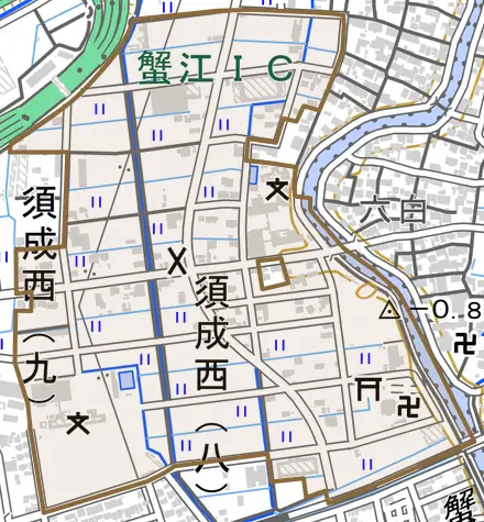 須成西とその周辺の地図。町の範囲を重ねている