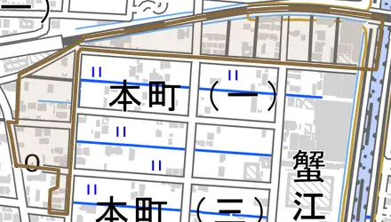 今東郊通とその周辺の地図。町の範囲を重ねている